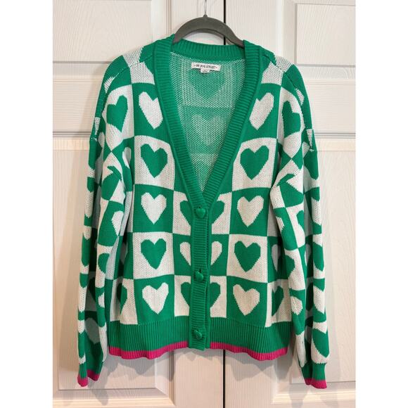 99 Jane Street Green Heart Checkered Sweater Cardigan - Large - Picture 2 of 8